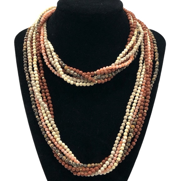 VINTAGE GEMSTONE BEAD NECKLACES (6 TOTAL): CORAL GOLDSTONE LEOPARD SKIN JASPER
